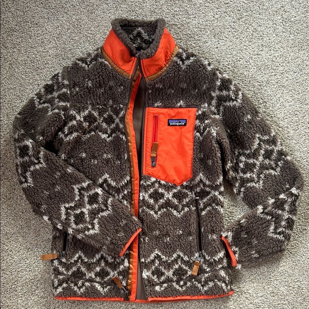 Patagonia Orange and Brown Patterned Fleece Jacket